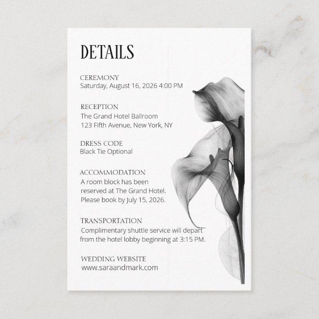 Minimalistisk svart & vit Calla Lily bröllopsdetal Tilläggskort (Framsida)