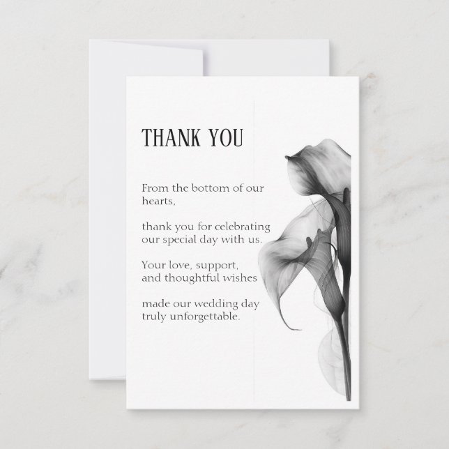 Minimalistisk svart & vit Calla Lily Platt Bröllop Tack Kort (Framsida)