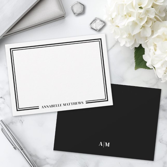 Minimalistisk svart vit dubbelkant monogram anteckningskort (Minimalist Black White Two Border Monogram Note Card )