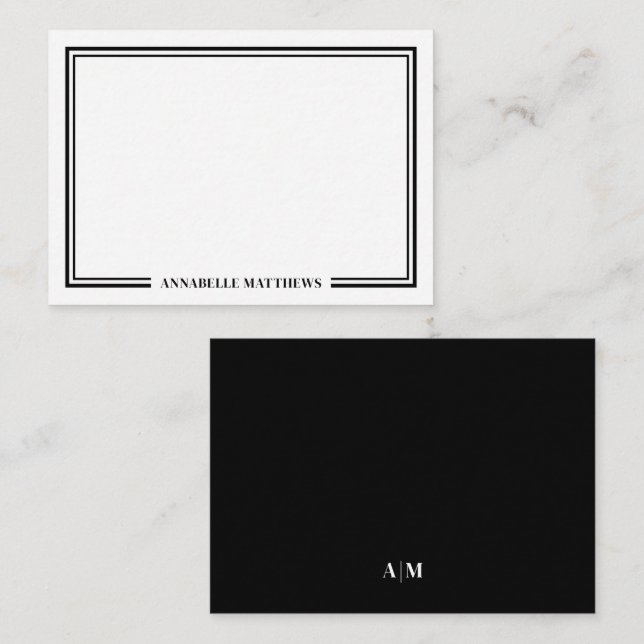 Minimalistisk svart vit dubbelkant monogram anteckningskort (Fram/baksida)