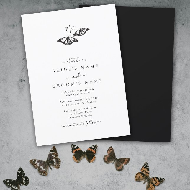 Minimalistisk svart vit fjäril Monogram Bröllop Inbjudningar (Minimalist Black White Butterfly Monogram Wedding Invitation)