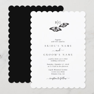 Minimalistisk svart vit fjäril Monogram Bröllop Inbjudningar
