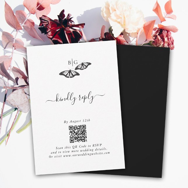 Minimalistisk svart vit fjäril Monogram Bröllop OSA Kort (Minimalist Black White Butterfly Monogram Wedding RSVP Card)