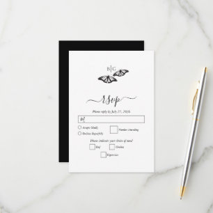 Minimalistisk svart vit fjäril Monogram Bröllop OSA Kort