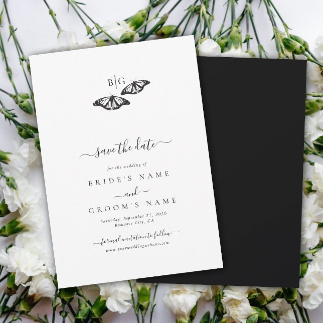 Minimalistisk svart vit fjäril Monogram Bröllop Spara Datumet (Minimalist Black White Butterfly Monogram Wedding Save The Date)