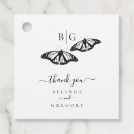 Minimalistisk svart-vit fjärilmonogram bröllop gåvor etiketter