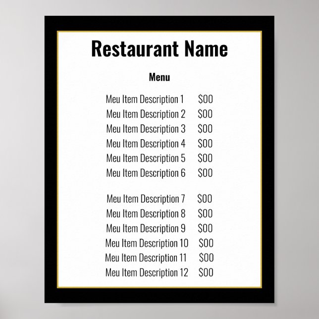 Minimalistisk svart vit guld mall meny poster (Framsidan)