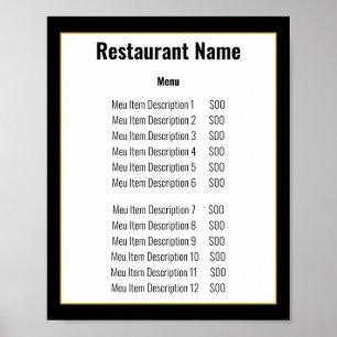 Minimalistisk svart vit guld mallmeny poster