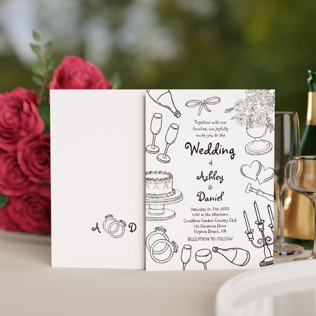 Minimalistisk svart & vit handritad doodle bröllop inbjudningar (Minimalist Black & White Hand Drawn Doodle Wedding Invitation)