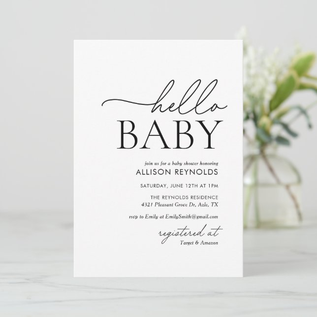 Minimalistisk svart-vit Hej Baby Shower Inbjudningar (Stående Fram)