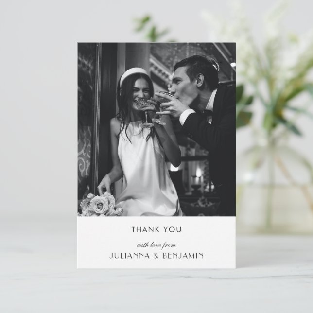 Minimalistisk svart vit konst Deco Bröllop-foto Tack Kort (Stående Fram)