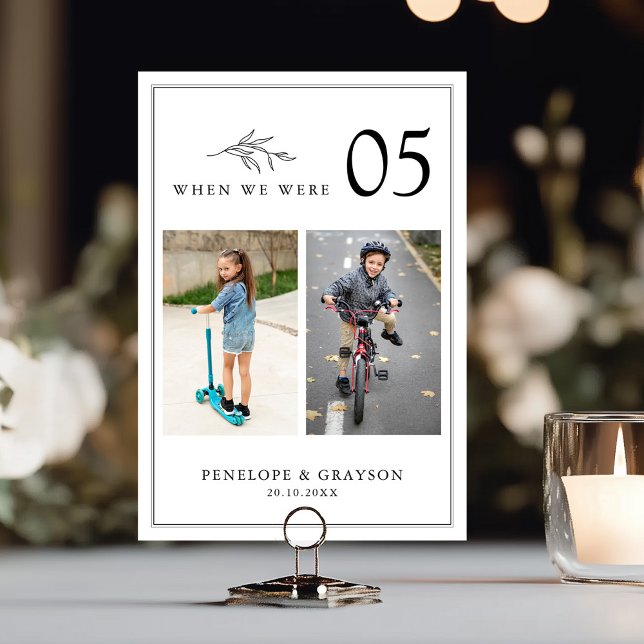 Minimalistisk svart & vit modern fotobryllop bordsnummer (Minimalist Black and White Leaf Modern Wedding Table number card with childhood photos)