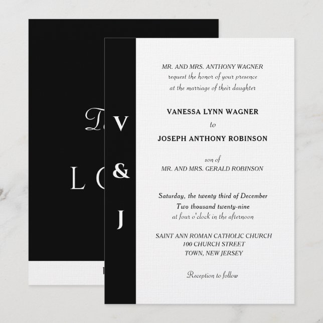 Minimalistisk svart-vit monogram  inbjudningar (Fram/baksida)
