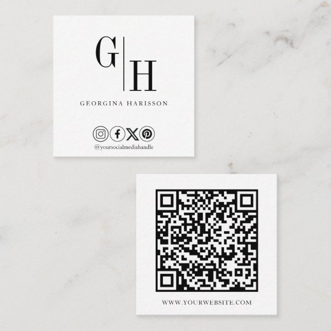 Minimalistisk svart-vit monogram QR-kod  Fyrkantigt Visitkort (Fram/baksida)