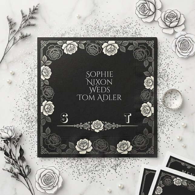 Minimalistisk svart vit monokrom rosor blomsterkon pappersservett (Minimalist Black White Monochrome Roses Floral Art Napkins)