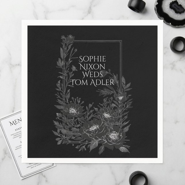 Minimalistisk svart-vit monokromt blomsterkonst ra pappersservett (Minimalist Black White Monochrome Floral Art Frame Napkins)