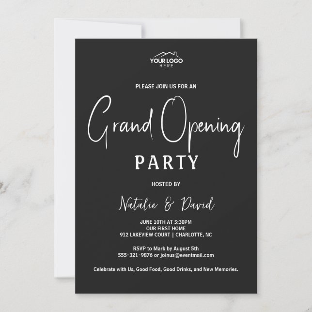 Minimalistisk Svart Vit Öppet Hus Grand Opening Inbjudningar (Framsida)