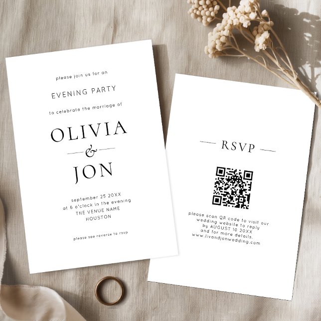 Minimalistisk svart-vit QR-kod Bröllok kväll Inbjudningar (Skapare uppladdad)