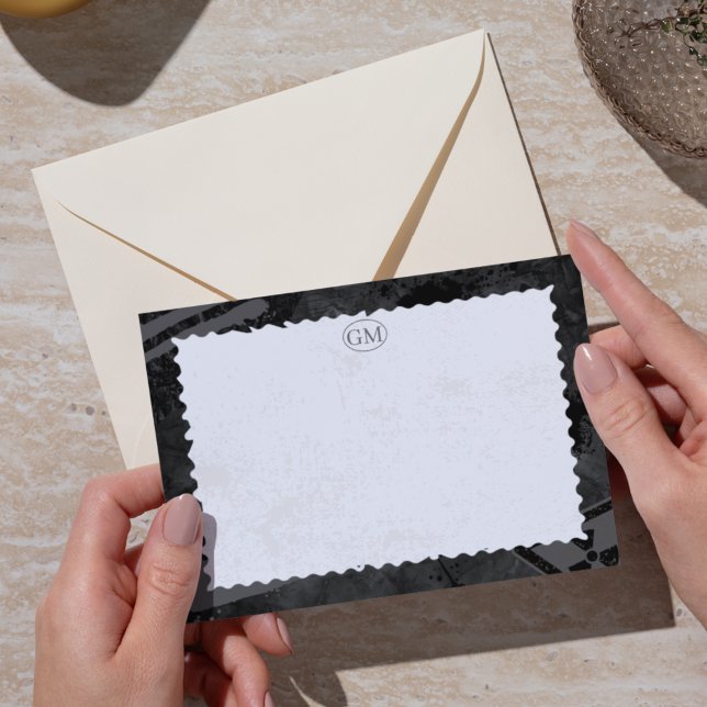 Minimalistisk svart & vit rand monogram notkortsed anteckningskort (Minimalist Black & White Border Monogram Note Card)