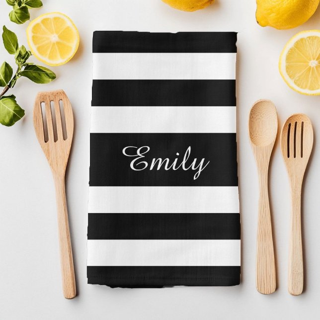 Minimalistisk svart-vit randig mönster namntryck kökshandduk (Minialist Black & White Stripes Pattern Name Print Towel)