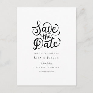 Minimalistisk svart-vit Save the Date-kort med typ Vykort