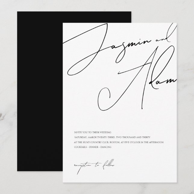 Minimalistisk svart vit skript typografi bröllop inbjudningar (Fram/baksida)