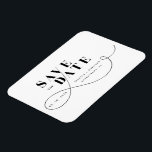 Minimalistisk svart vit spara datumet magnet<br><div class="desc">Trendig,  modernt och elegant den här förenklade designen med dess tunna rulla gör att perfekten meddelar att Spara datum för det kommande bröllopen. Anpassa enkelt med viktiga valmöjligheter.</div>