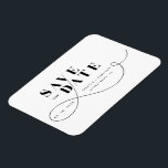 Minimalistisk svart vit spara datumet magnet<br><div class="desc">Trendig,  modernt och elegant den här förenklade designen med dess tunna rulla gör att perfekten meddelar att Spara datum för det kommande bröllopen. Anpassa enkelt med viktiga valmöjligheter.</div>