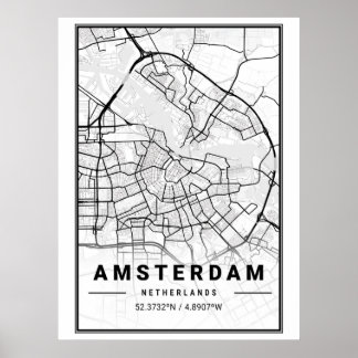 Minimalistisk svart-vit stadsplan över Amsterdam Poster