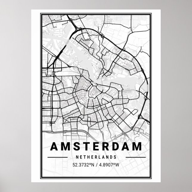 Minimalistisk svart-vit stadsplan över Amsterdam Poster (Framsidan)