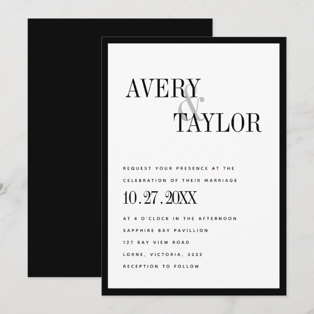 Minimalistisk svart vit typografisk Bröllop Inbjudningar (Fram/baksida)