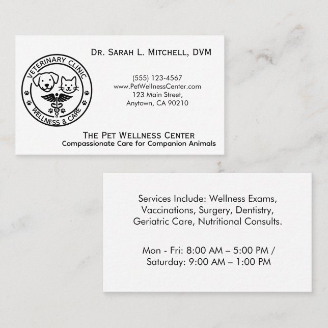 Minimalistisk Svart & Vit Veterinärklinik Visitkort (Fram/baksida)