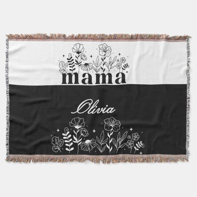 Minimalistisk Svart & Vit Vildblomma Mamma Anpassa Filt (Framsidan)