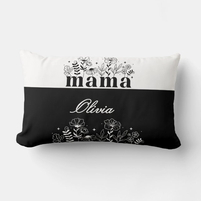 Minimalistisk svart & vit vildblomma Mamma Anpassa Lumbarkudde (Framsida)