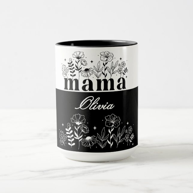 Minimalistisk Svart & Vit Vildblomma Mamma Anpassa Mugg (Center)