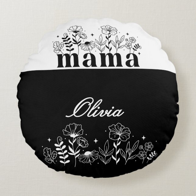 Minimalistisk svart & vit vildblomma Mamma Anpassa Rund Kudde (Framsidan)