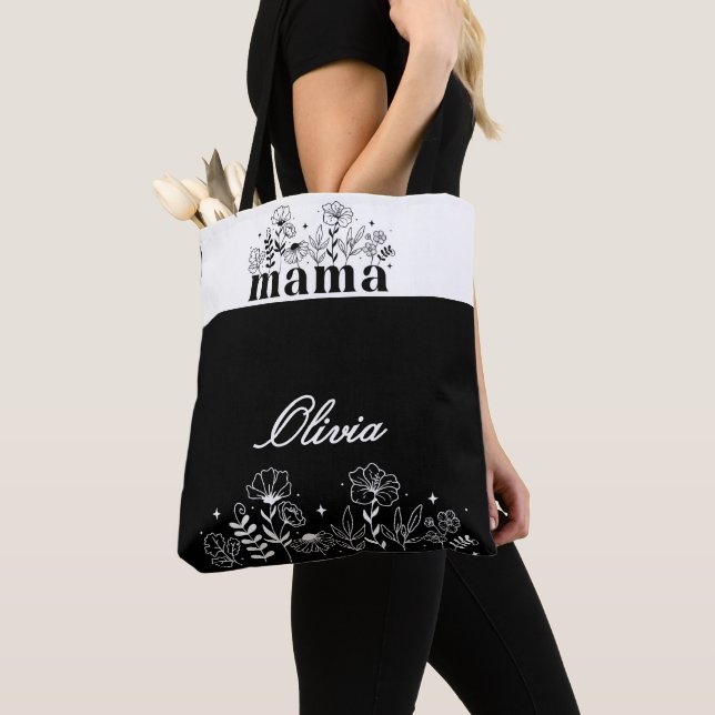 Minimalistisk Svart & Vit Vildblomma Mamma Anpassa Tygkasse (Närbild)