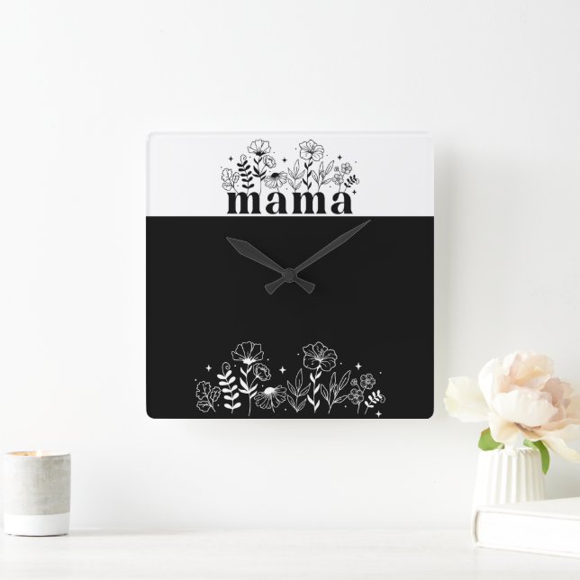 Minimalistisk Svart & Vit Vildblomma Mamma Fyrkantig Klocka (Hem)
