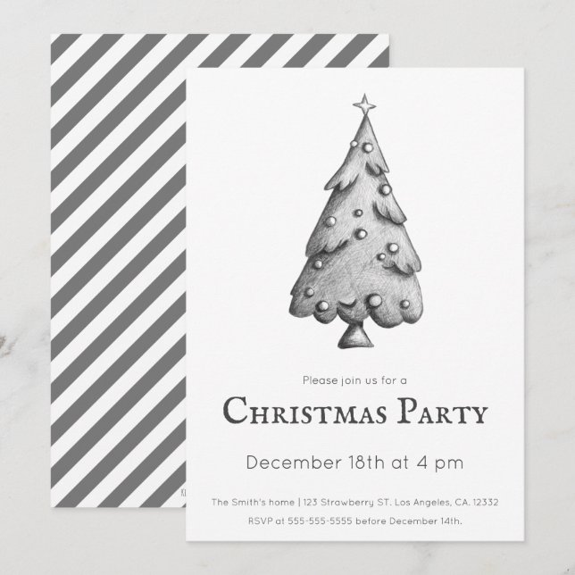 Minimalistisk Svarta och vita Julgran Party Inbjudningar (Fram/baksida)