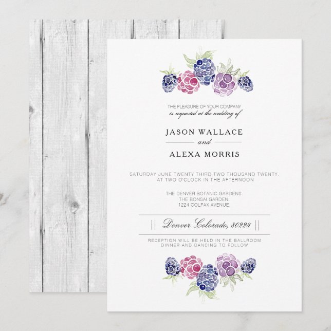 Minimalistisk svartberry-vattenfärg | ELEGANT BRÖL Inbjudningar (Fram/baksida)