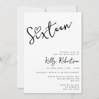 Minimalistisk svartvit handskript, Sweet sixteen Inbjudningar