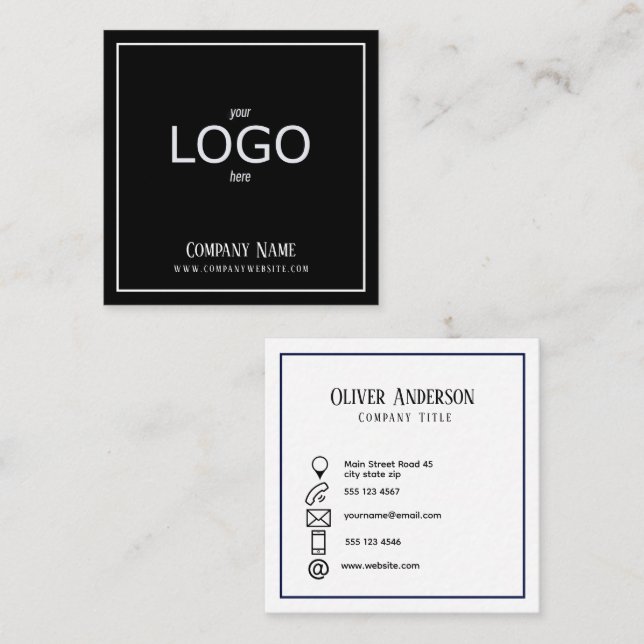 Minimalistisk svartvit Logotyp Fyrkantigt Visitkort (Fram/baksida)