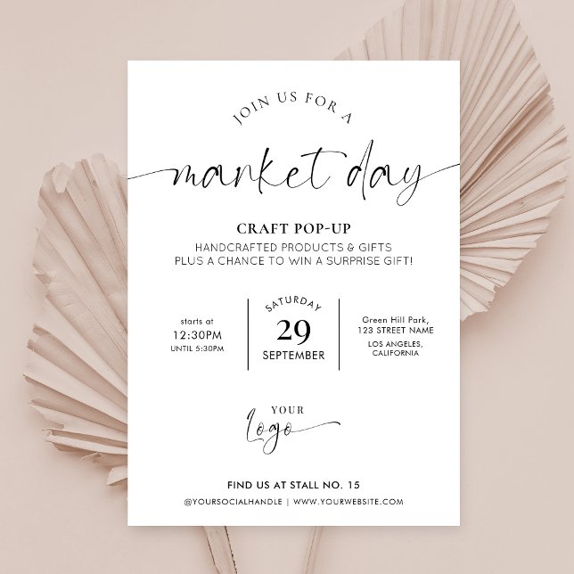 Minimalistisk svartvit Logotyp under arbetsmarknad Inbjudningar (Elegant business market day invitation in black & white with space for your logo)
