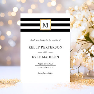 Minimalistisk svartvit Rand Monogram Guld Spara Datumet