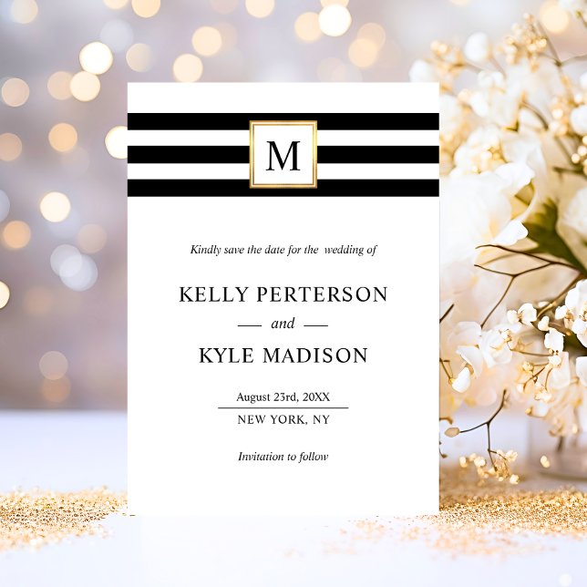 Minimalistisk svartvit Rand Monogram Guld Spara Datumet (Minimalist Black White Stripes Monogram Gold Save The Date)
