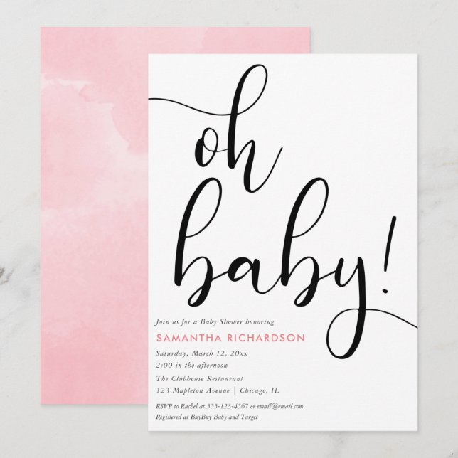 Minimalistisk svartvit rosa baby inbjudningar (Fram/baksida)