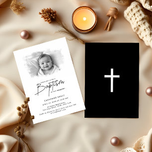 Minimalistisk svartvitt och vit fotobaptism i Baby Inbjudningar
