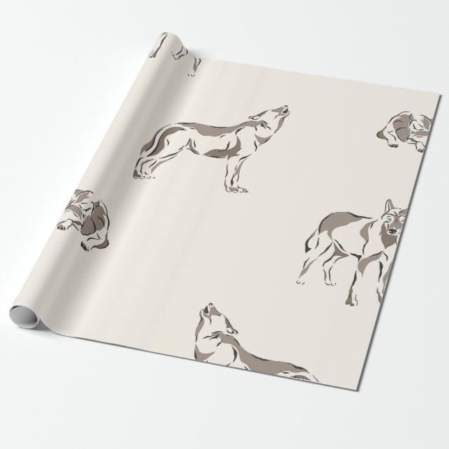 Minimalistisk Tan Handritad Varg Vilda Djur Presentpapper (Utrullad)