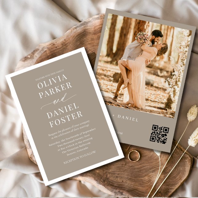 Minimalistisk Taupe Boho QR-kod Foto Bröllop Inbjudningar (Skapare uppladdad)