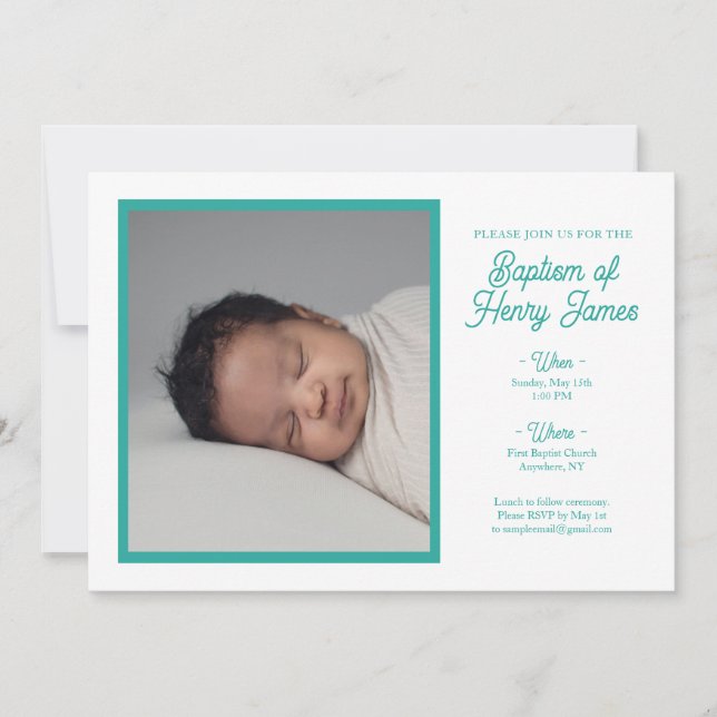 Minimalistisk teal baptism-inbjudan med foto spara datumet (Framsida)